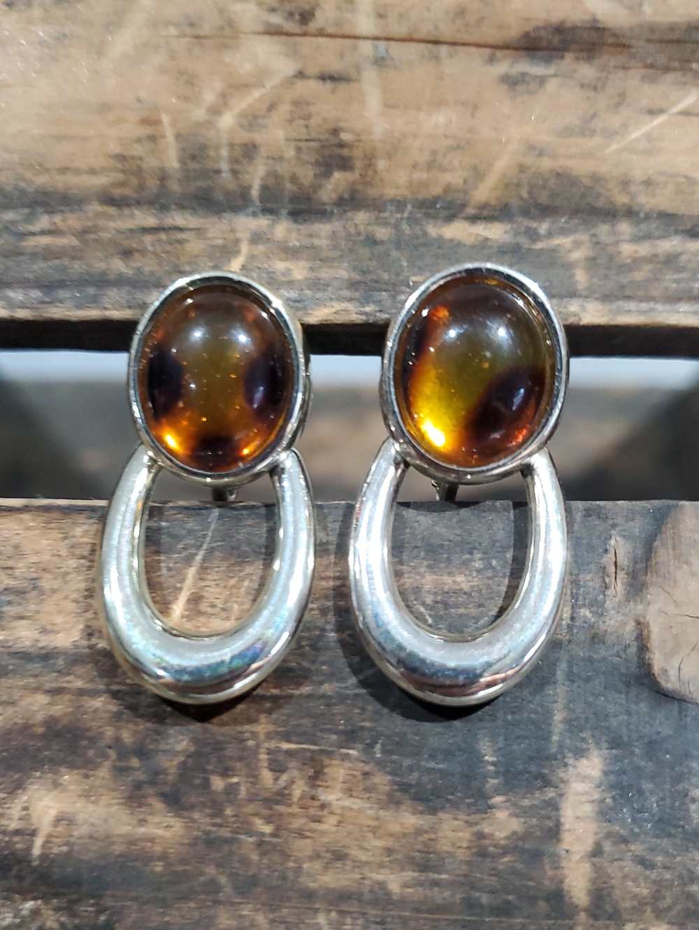 Amber Cabochon Silver Tone Clip On Drop Earrings - Women Jewelry Resort Classic